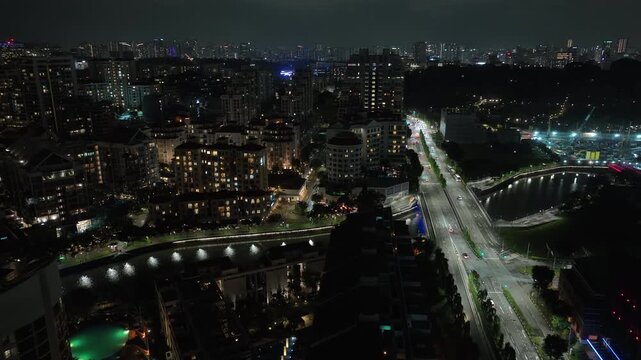 night life time singapore city famous riverside boat quay traffic street aerial panorama 4k 