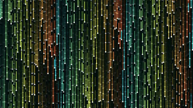 Abstract digital data flow with glowing vertical lines and colorful light streaks on dark background