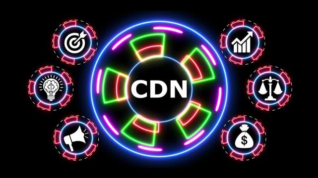 Cdn network content delivery system technology glowing neon animation footage.