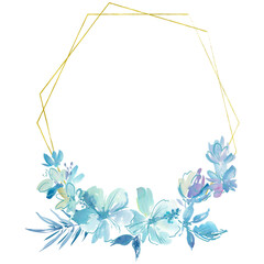 Fototapeta premium Watercolor gold line floral frame with abstract hand-painted blue hibiscus flowers for wedding invitations, greeting cards, and branding. Summer botanical logo design.