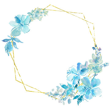 Watercolor gold line floral frame with abstract hand-painted blue hibiscus flowers for wedding invitations, greeting cards, and branding. Summer botanical logo design.