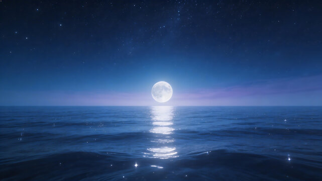 Full moon over calm ocean at night for outdoor lifestyle brands and nature documentaries