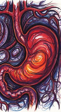 Abstract digital art of vibrant swirling red and blue patterns.