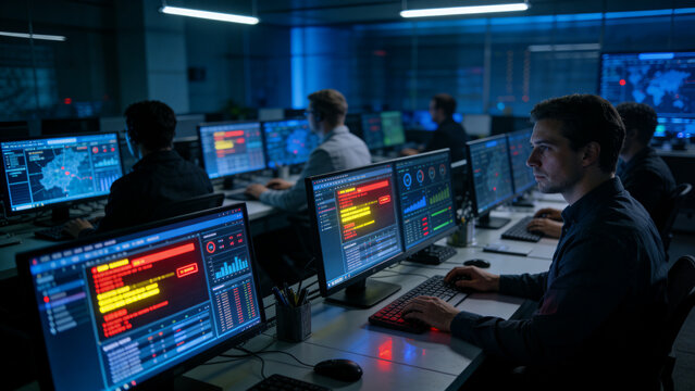 Cybersecurity Team Monitoring Network Security Operations Center
