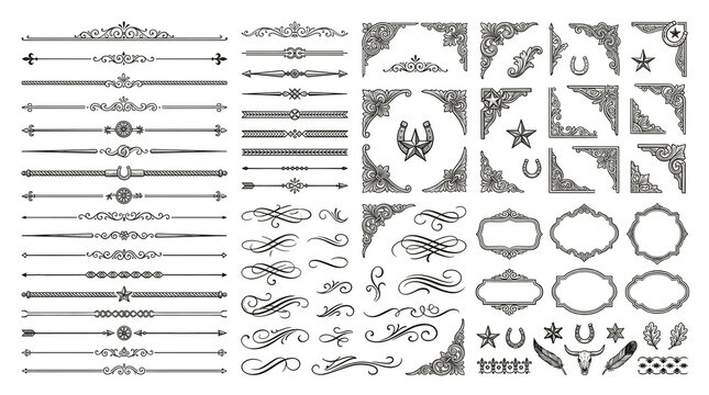 Vintage decorative ornaments set, ornate black filigree dividers and corners, antique victorian border elements for wedding invitations and stationery isolated on White Background