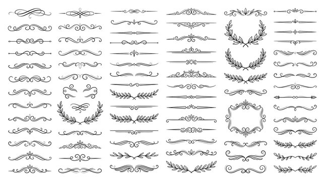 Vintage decorative dividers and flourishes, ornate black line art border collection, elegant hand drawn wedding invitation ornaments and swirls isolated on White Background