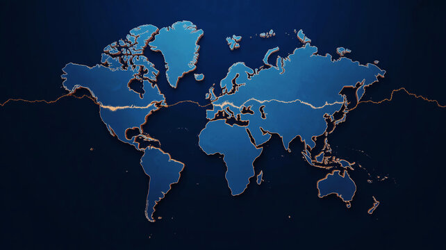 Global map, world map, blue continents, geographic illustration, earth outline