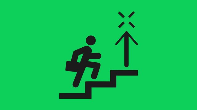 Business professional icon climbing stairs representing career growth and corporate success in this minimalist animated motion graphics video clip designed to communicate progress and ambition 