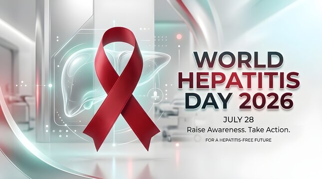 World Hepatitis Day 2026 Red Awareness Ribbon with Liver Hologram Clean Medical Background