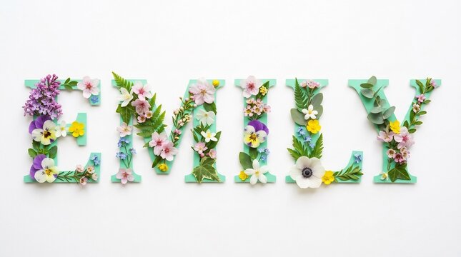 Flowers spelling the name emily on a white background