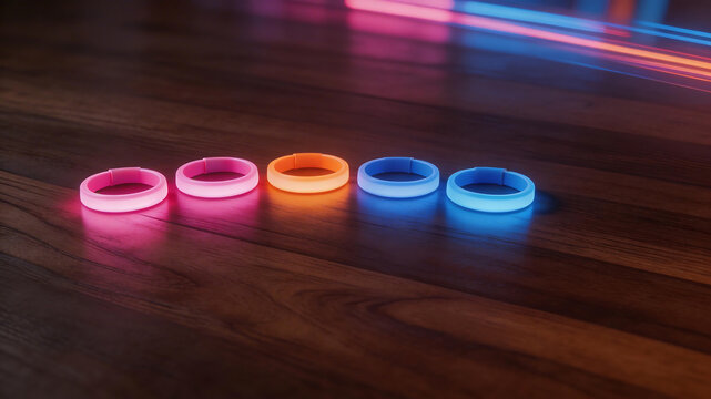 Colorful glowing rings on wooden floor ideal for sleek commercial backgrounds and title sequences
