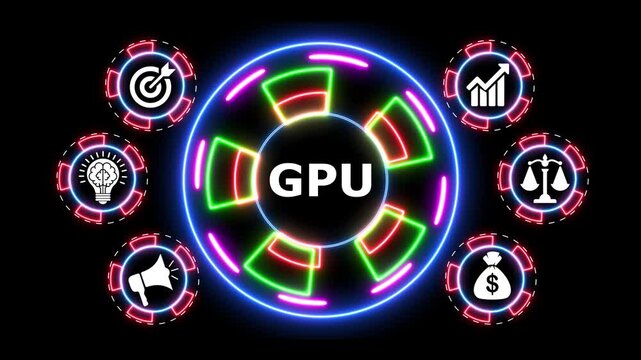 Abstract glowing circle with business icons and GPU text motion graphics.