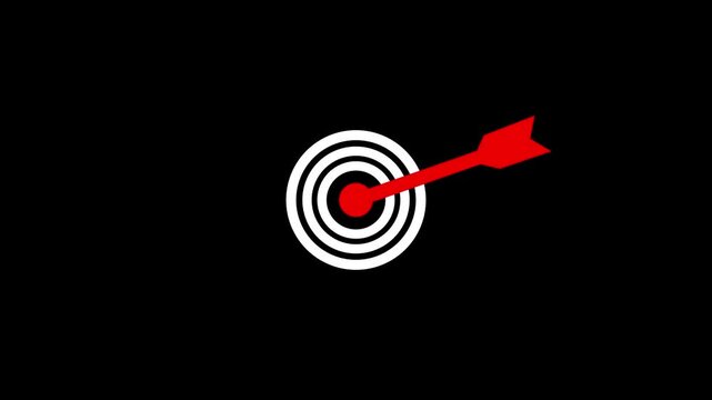 Bullseye target board hitting center with a red arrow animation on black background