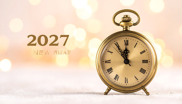 Antique pocket watch with roman numerals showing almost midnight, new year 2027 countdown concept, soft bokeh lights background
