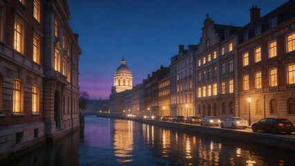 Obraz premium Evening canal scene with illuminated buildings emphasizing natural beauty and pristine environments
