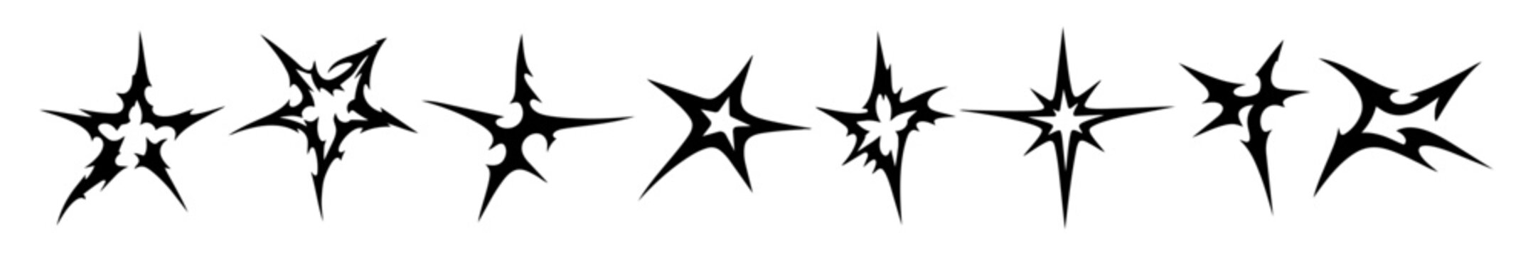 Gothic metal stars set, dark edgy star shapes with sharp aggressive forms and distressed grunge texture. Underground alternative aesthetic symbol graphic design element collection