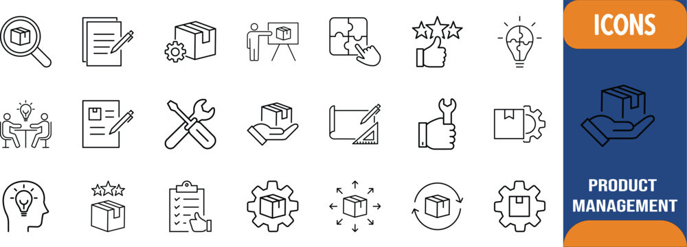 Product management and delivery icons. box icon set, document icon set, gear icon set