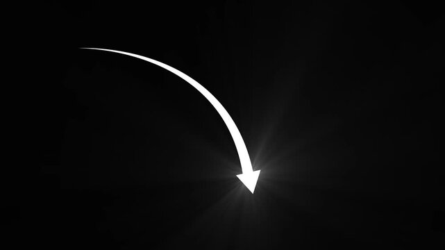 White curved arrow pointing down animation with optical flare light effect on black background