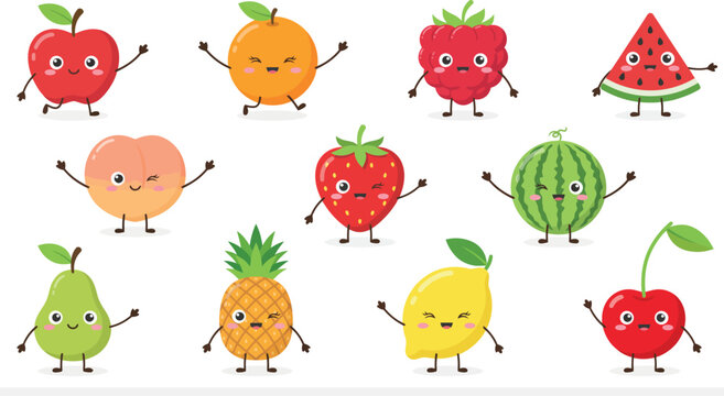 Cute cartoon fruits set blue outline doodle vector character illustration