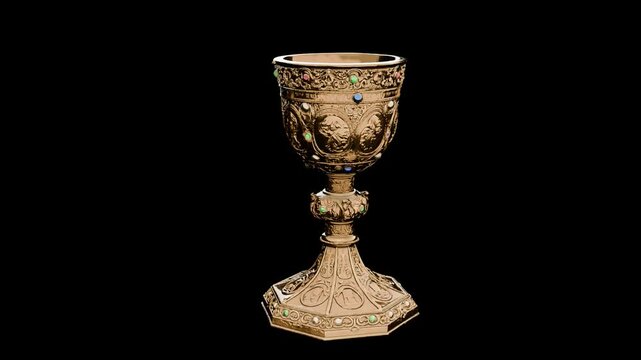 Holy Grail, golden cup adorned with stones, object slowly rotating