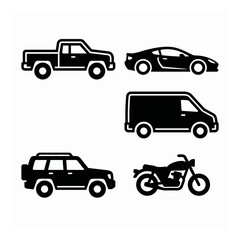 Fototapeta premium Black and White Vehicle Silhouette Vector Icon Set Including Pickup Truck Sports Car SUV Van and Motorcycle