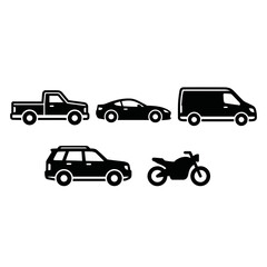 Naklejka premium Black and White Vehicle Silhouette Vector Icon Set Including Pickup Truck Sports Car SUV Van and Motorcycle