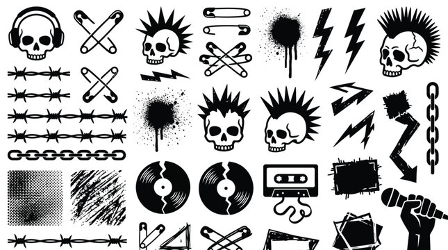A collection of black and white punk rock themed graphic elements including skulls, safety pins, barbed wire, vinyl records, and grunge textures.