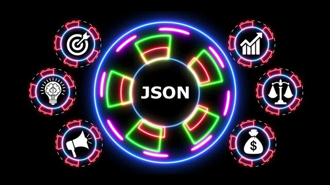 Json data format concept with neon digital symbols in a dynamic motion loop.