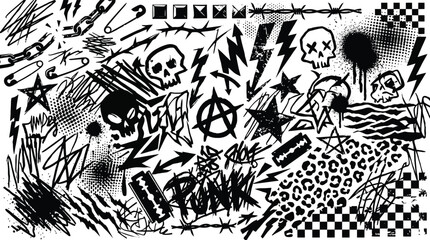 Naklejka premium A chaotic collection of black and white punk rock and grunge graphic elements, featuring skulls, anarchy symbols, lightning bolts, safety pins, barbed wire, and distressed textures.
