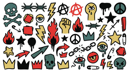 Fototapeta premium A vibrant collection of hand-drawn punk rock and grunge doodle symbols, featuring skulls, flames, lightning bolts, peace signs, and other rebellious icons.
