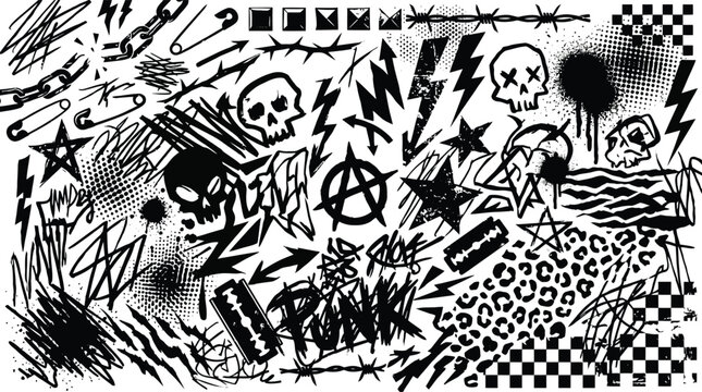 A chaotic collection of black and white punk rock and grunge graphic elements, featuring skulls, anarchy symbols, lightning bolts, safety pins, barbed wire, and distressed textures.