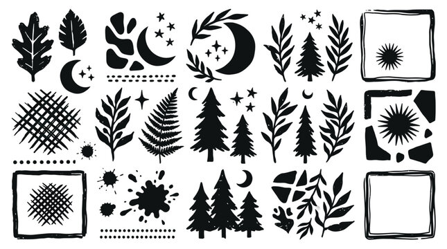 Collection of black silhouette nature and abstract graphic elements including leaves, trees, moon, stars, sun, and textured frames.