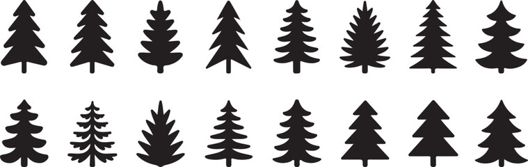 Fototapeta premium Collection of various pine tree silhouettes in different shapes and sizes on white background
