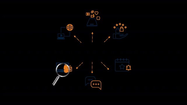 Animated outline icon of banner with magnifying glass, symbolizing analysis and monitoring in public relations business communication and corporate branding in alpha channel