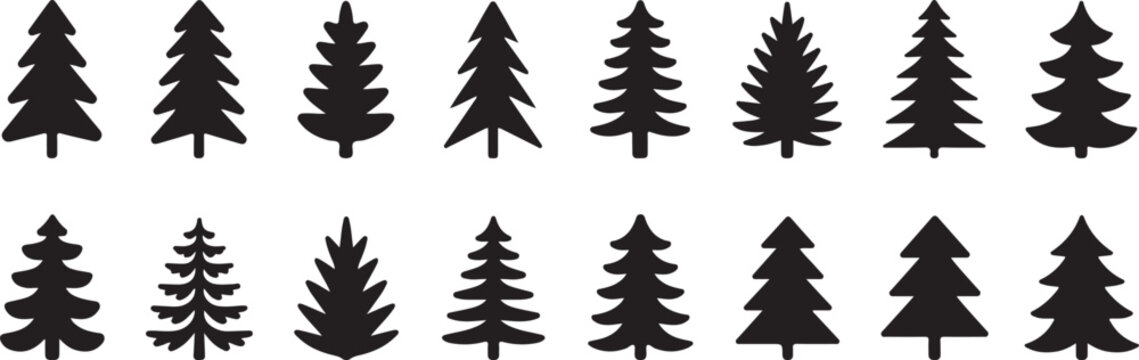 Collection of various pine tree silhouettes in different shapes and sizes on white background