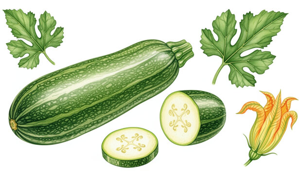 Watercolor Zucchini and Flower Botanical Composition with Fresh Garden Vegetables
