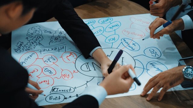 Top view of skilled diverse business people planning project by using mind map to brainstorm marketing idea. Closeup of smart start up team working together to draw creative mind map. Directorate.