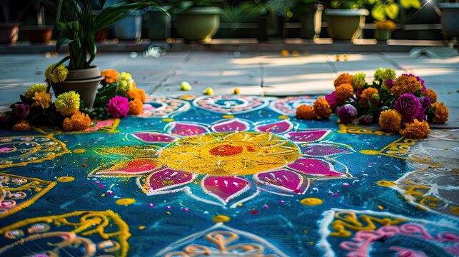 Vibrant traditional South Asian rangoli ground painting with bright blue background, lotus pattern featuring yellow center and pink-purple petals, decorated with orange yellow purple marigold flower