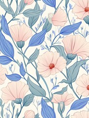 Naklejka premium Elegant seamless floral pattern on milky white background, flat watercolor style. Features soft pink single-petal flowers with tangerine centers, blue gray and dusty blue foliage with clear vein