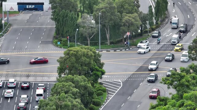 day time singapore city downtown traffic street crossroad aerial close up panorama 4k 