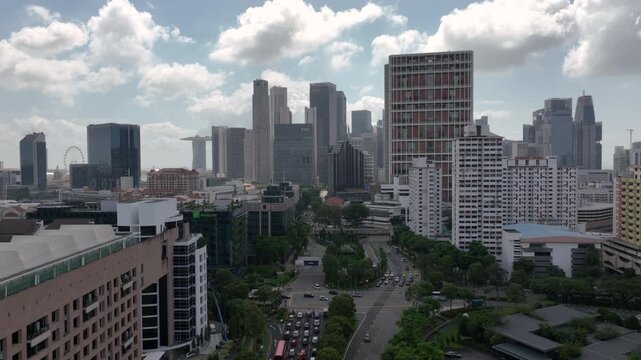day time singapore city downtown district traffic street crossroad aerial panorama 4k 