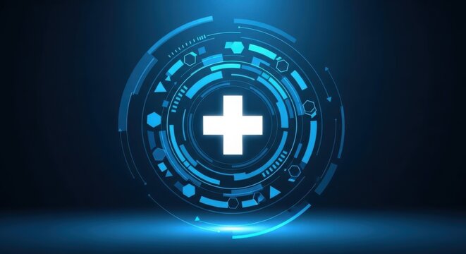 Glowing blue medical cross symbol on dark background with futuristic circuit design
