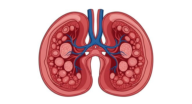 3D rendering of human kidneys with blood vessels.