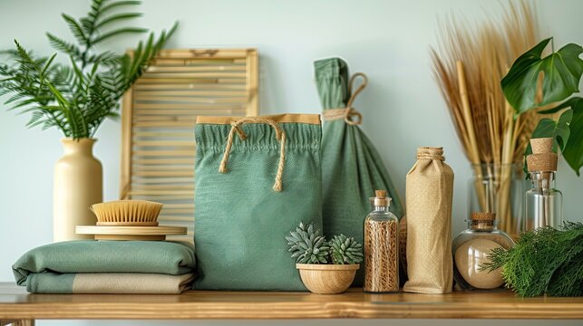 Cozy japandi scandinavian-style zero-waste home corner with soft warm natural light, featuring light wood counter against pale blue wall and bamboo blinds. Sustainable natural home arrangement with