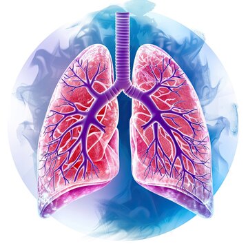 Medical illustration of translucent pink-purple human lung anatomy with detailed trachea, bronchus and vascularstructure, set against soft blue watercolor circular gradient background with hazy