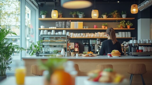 A woman prepares coffee at a cafe counter while fruit and pastries are on display in the foreground.