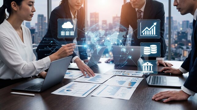 Diverse business team analyzing digital data and global growth charts with futuristic holographic icons in modern corporate office meeting room