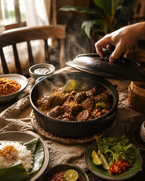 Hand lifting the lid of a steaming beef stew in a black clay pot, served with rice and garnishes on a rustic table in a warm, cozy dining room.