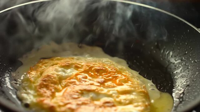fried omelet cooking in pan, golden egg surface sizzling with steam and oil, close-up of breakfast preparation, homemade hot meal with crispy edges and soft texture