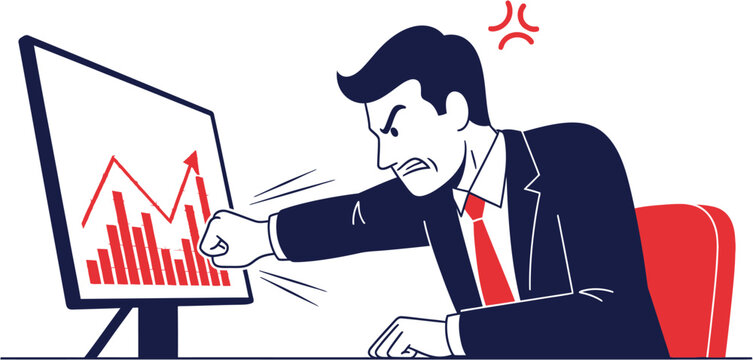 Frustrated businessman hitting computer screen with fist, anger and stress in office during financial crisis, graph showing decline
